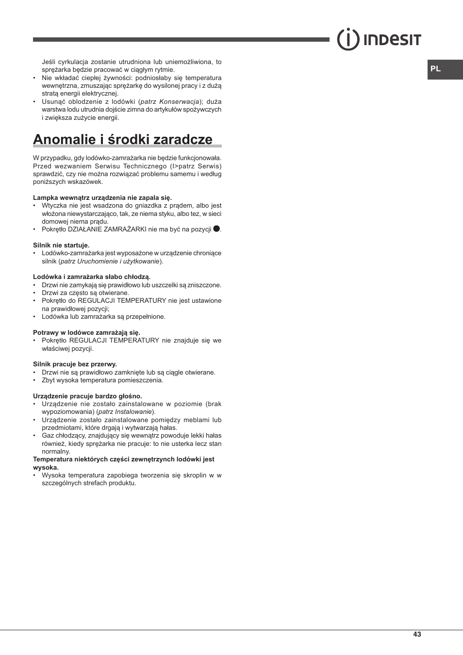 Anomalie i środki zaradcze | Indesit BIAA-13-F-H User Manual | Page 43 / 48