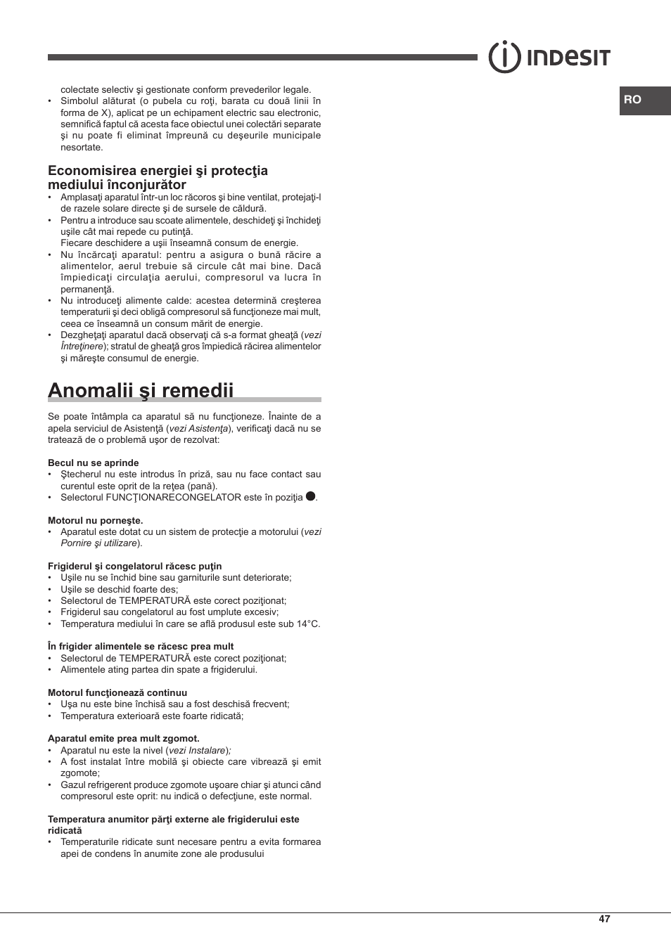 Anomalii şi remedii | Indesit BIAA-13-F-H User Manual | Page 47 / 48