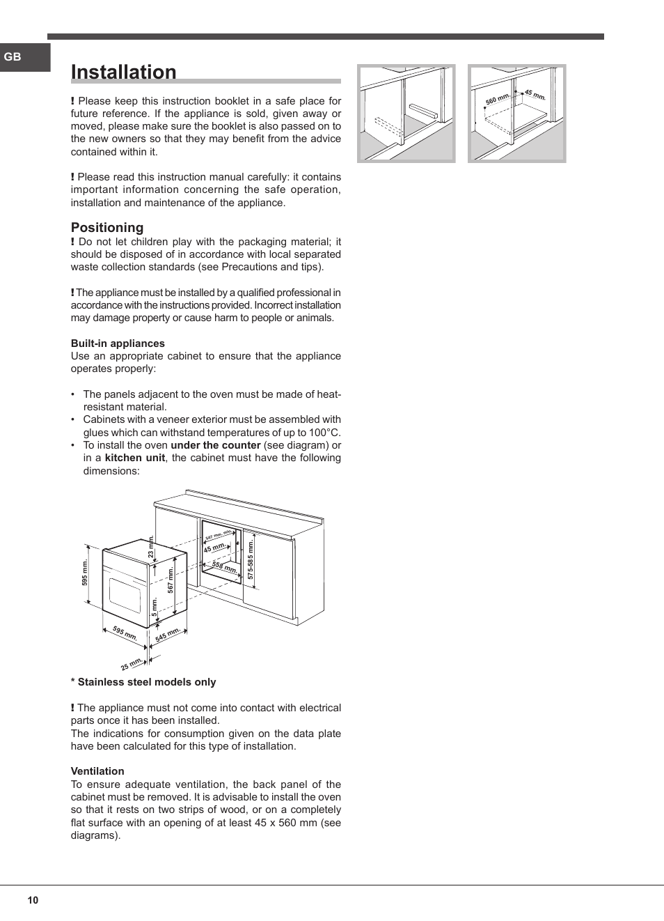 Installation, Positioning | Indesit FIM-832J-K.A-IX-(PL) User Manual | Page 10 / 64