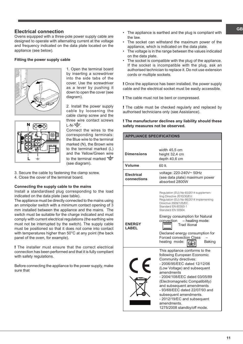 Electrical connection | Indesit FIM-832J-K.A-IX-(PL) User Manual | Page 11 / 64