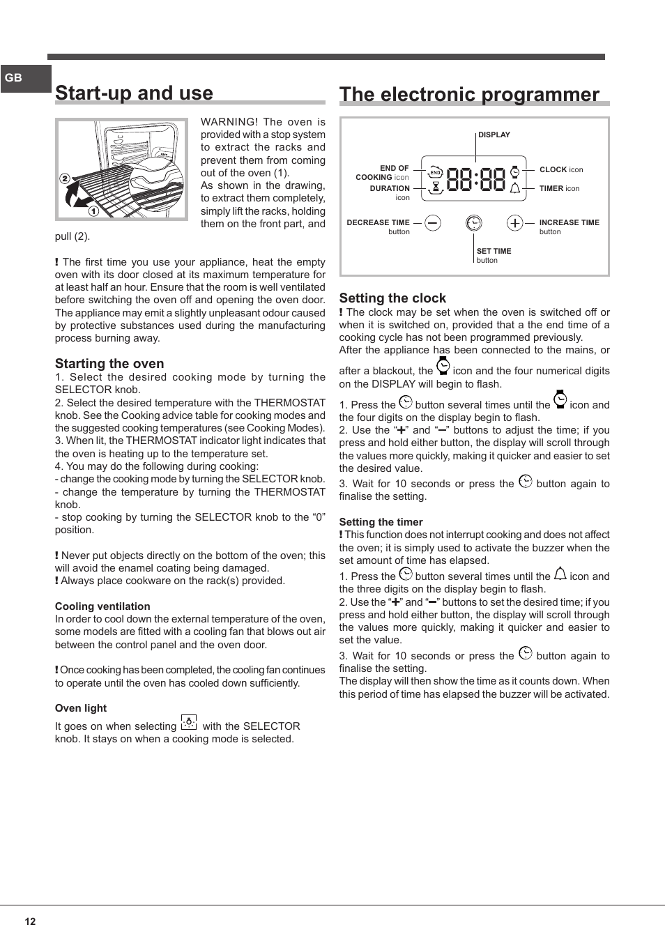 Start-up and use, The electronic programmer, Starting the oven | Setting the clock | Indesit FIM-832J-K.A-IX-(PL) User Manual | Page 12 / 64