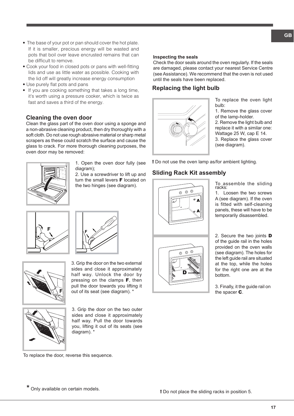 Cleaning the oven door, Replacing the light bulb, Sliding rack kit assembly | Indesit FIM-832J-K.A-IX-(PL) User Manual | Page 17 / 64