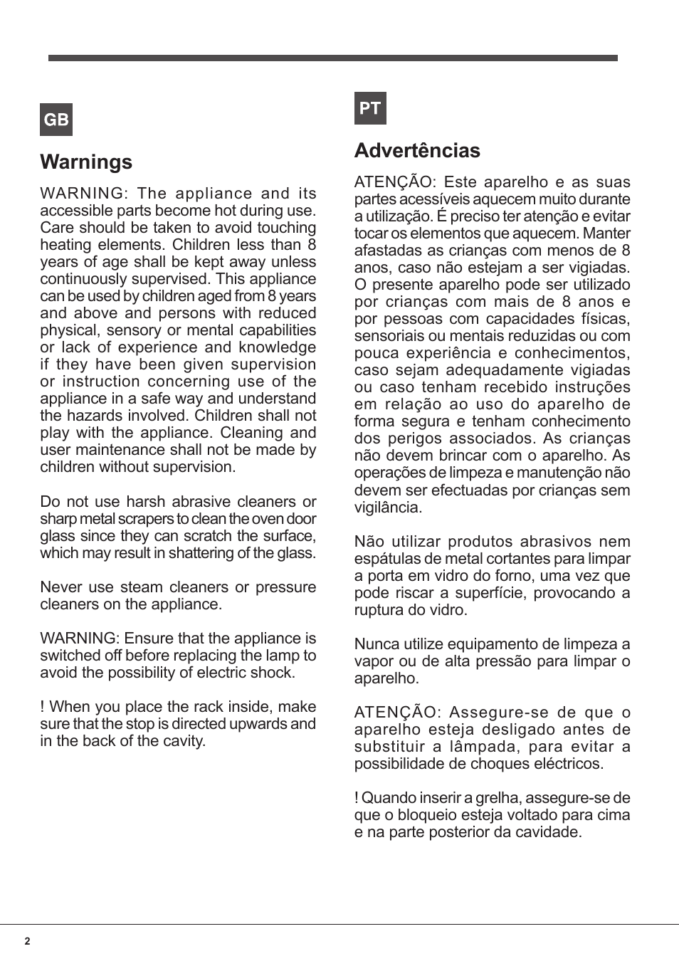 Warnings, Advertências | Indesit FIM-832J-K.A-IX-(PL) User Manual | Page 2 / 64