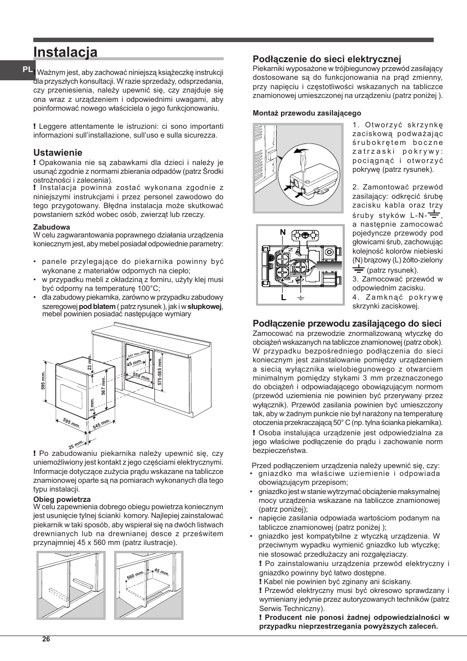 Instalacja, Podłączenie do sieci elektrycznej, Podłączenie przewodu zasilającego do sieci | Ustawienie | Indesit FIM-832J-K.A-IX-(PL) User Manual | Page 26 / 64