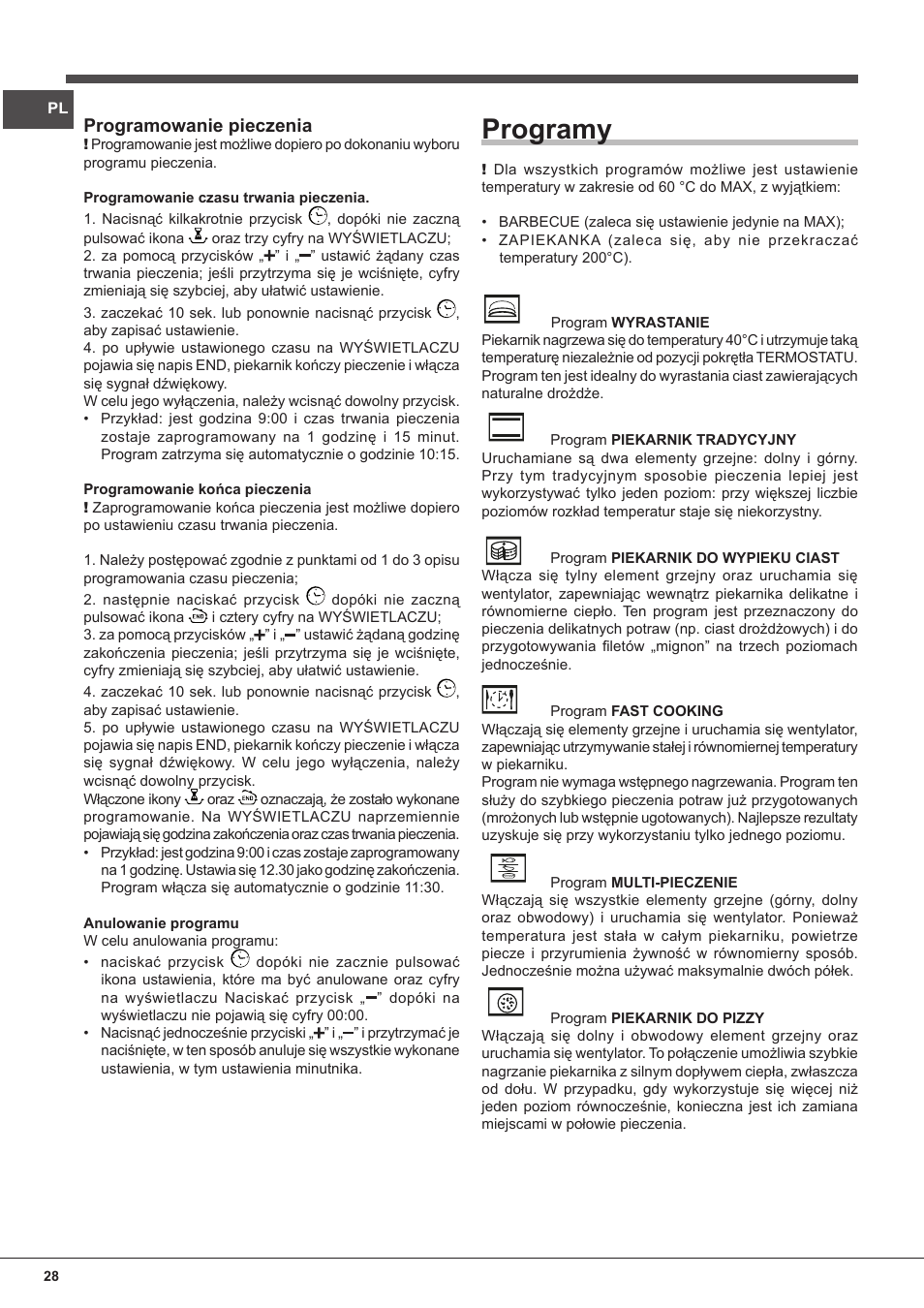 Programy, Programowanie pieczenia | Indesit FIM-832J-K.A-IX-(PL) User Manual | Page 28 / 64