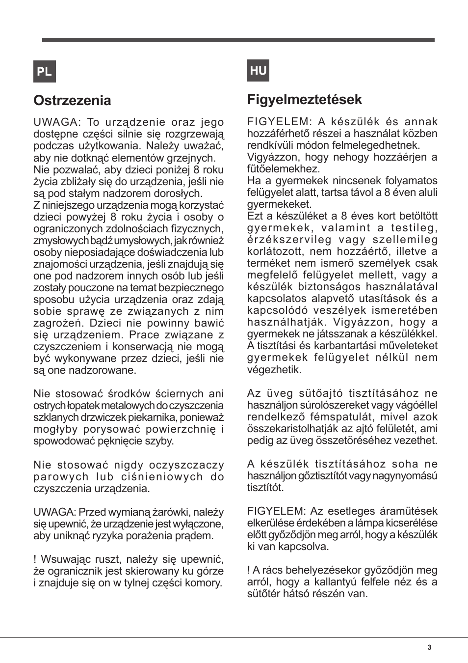 Ostrzezenia, Figyelmeztetések | Indesit FIM-832J-K.A-IX-(PL) User Manual | Page 3 / 64