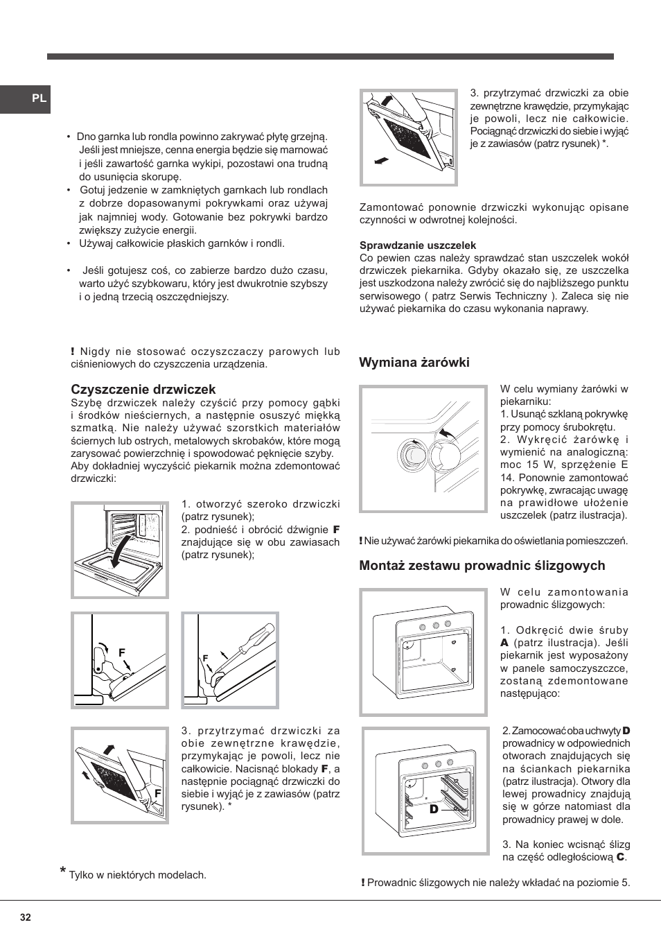 Czyszczenie drzwiczek, Wymiana żarówki, Montaż zestawu prowadnic ślizgowych | Indesit FIM-832J-K.A-IX-(PL) User Manual | Page 32 / 64
