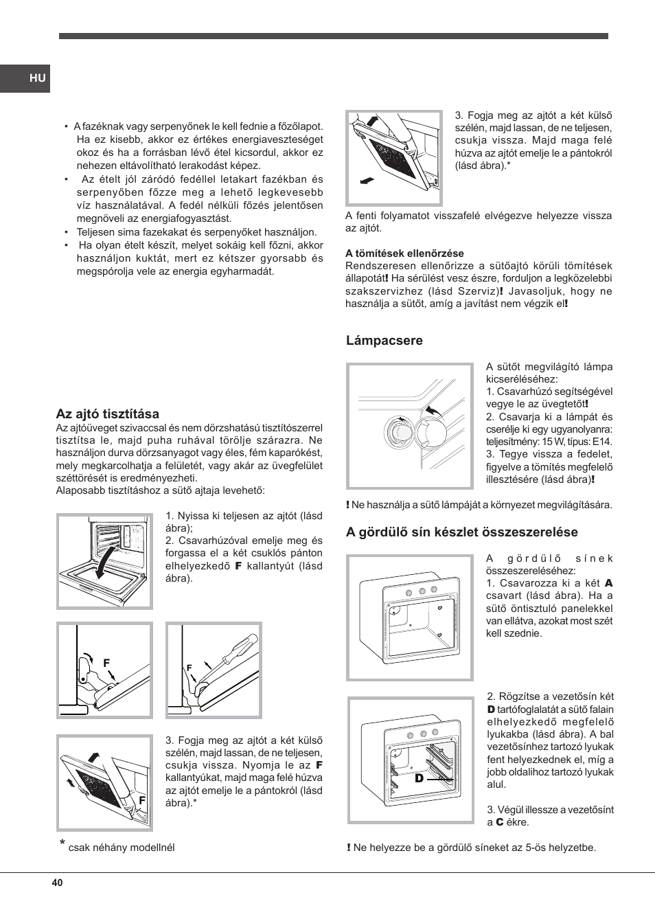 Az ajtó tisztítása, Lámpacsere, A gördülő sín készlet összeszerelése | Indesit FIM-832J-K.A-IX-(PL) User Manual | Page 40 / 64