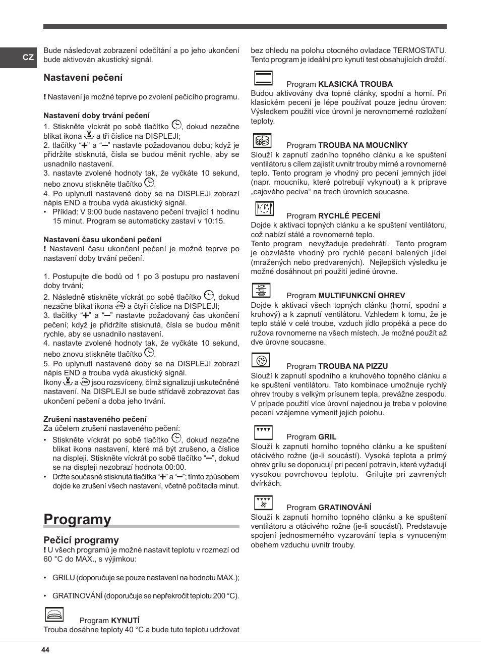 Programy, Nastavení pečení, Pečicí programy | Indesit FIM-832J-K.A-IX-(PL) User Manual | Page 44 / 64