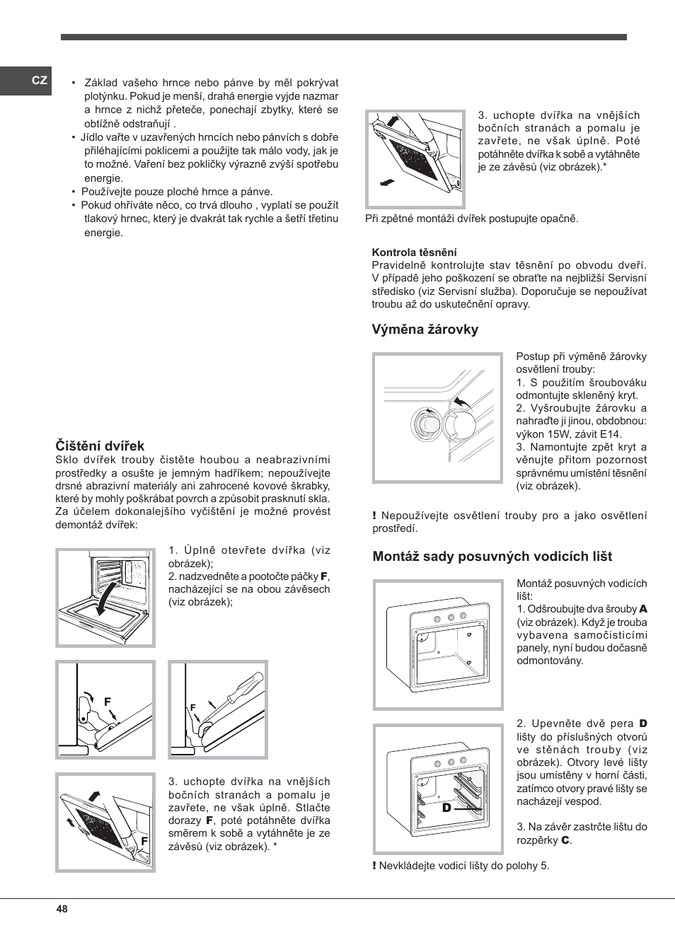 Čištění dvířek, Výměna žárovky, Montáž sady posuvných vodicích lišt | Indesit FIM-832J-K.A-IX-(PL) User Manual | Page 48 / 64