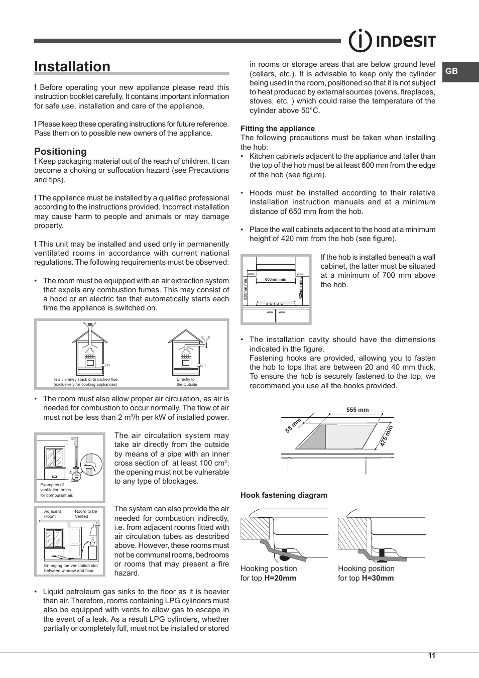 Installation, Positioning | Indesit IPG-640-S-(BK)-(EE) User Manual | Page 11 / 52