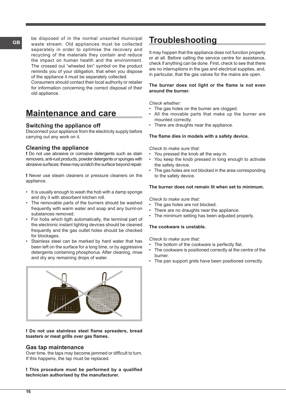 Maintenance and care, Troubleshooting, Switching the appliance off | Cleaning the appliance, Gas tap maintenance | Indesit IPG-640-S-(BK)-(EE) User Manual | Page 16 / 52