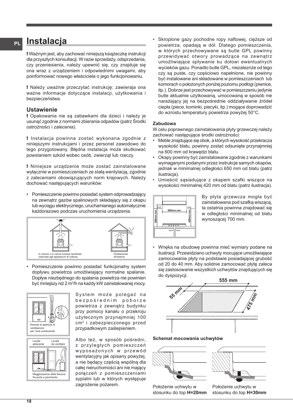 Instalacja, Ustawienie | Indesit IPG-640-S-(BK)-(EE) User Manual | Page 18 / 52