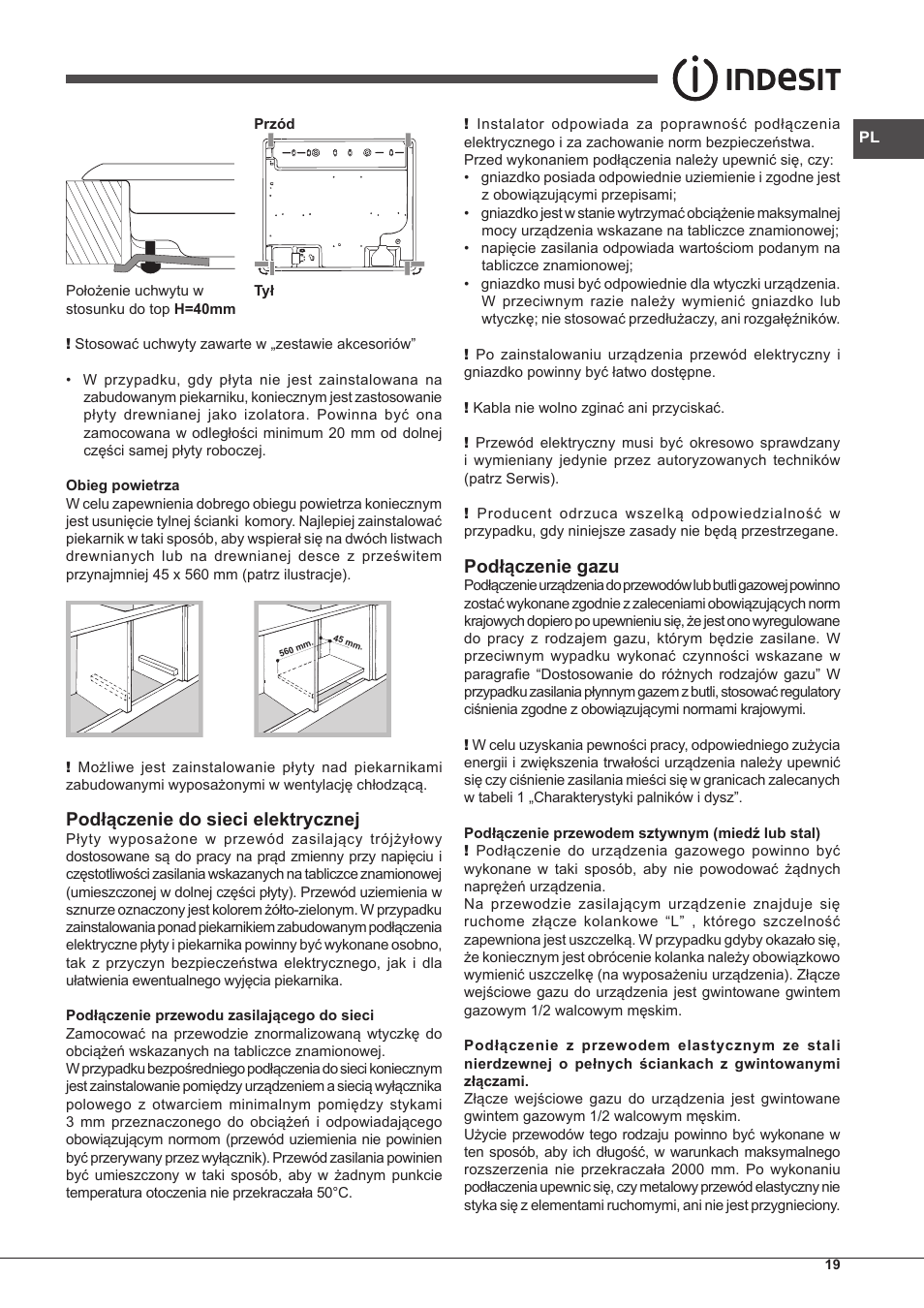 Podłączenie do sieci elektrycznej, Podłączenie gazu | Indesit IPG-640-S-(BK)-(EE) User Manual | Page 19 / 52