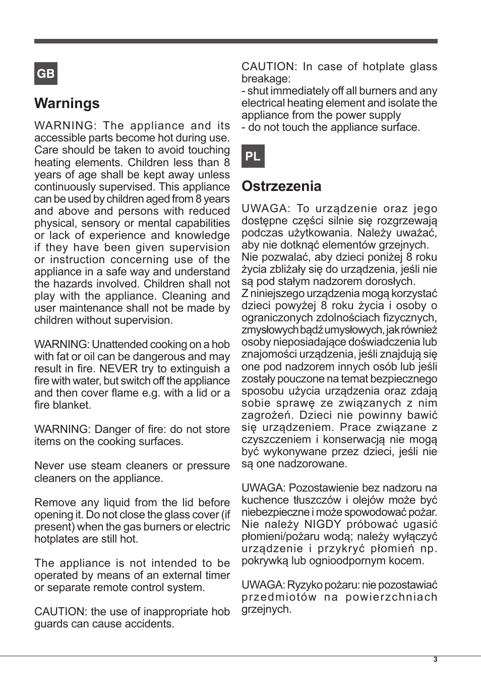 Warnings, Ostrzezenia | Indesit IPG-640-S-(BK)-(EE) User Manual | Page 3 / 52