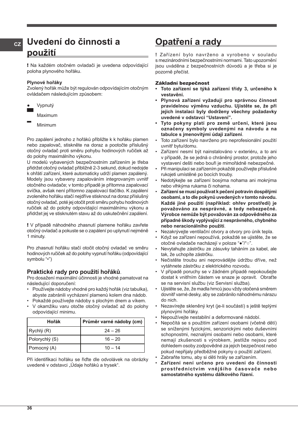 Uvedení do činnosti a použití, Opatření a rady, Praktické rady pro použití hořáků | Indesit IPG-640-S-(BK)-(EE) User Manual | Page 36 / 52