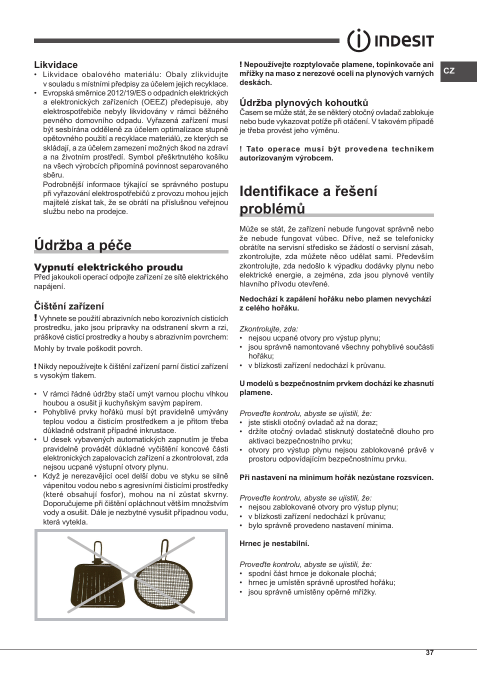 Údržba a péče, Identifikace a řešení problémů | Indesit IPG-640-S-(BK)-(EE) User Manual | Page 37 / 52