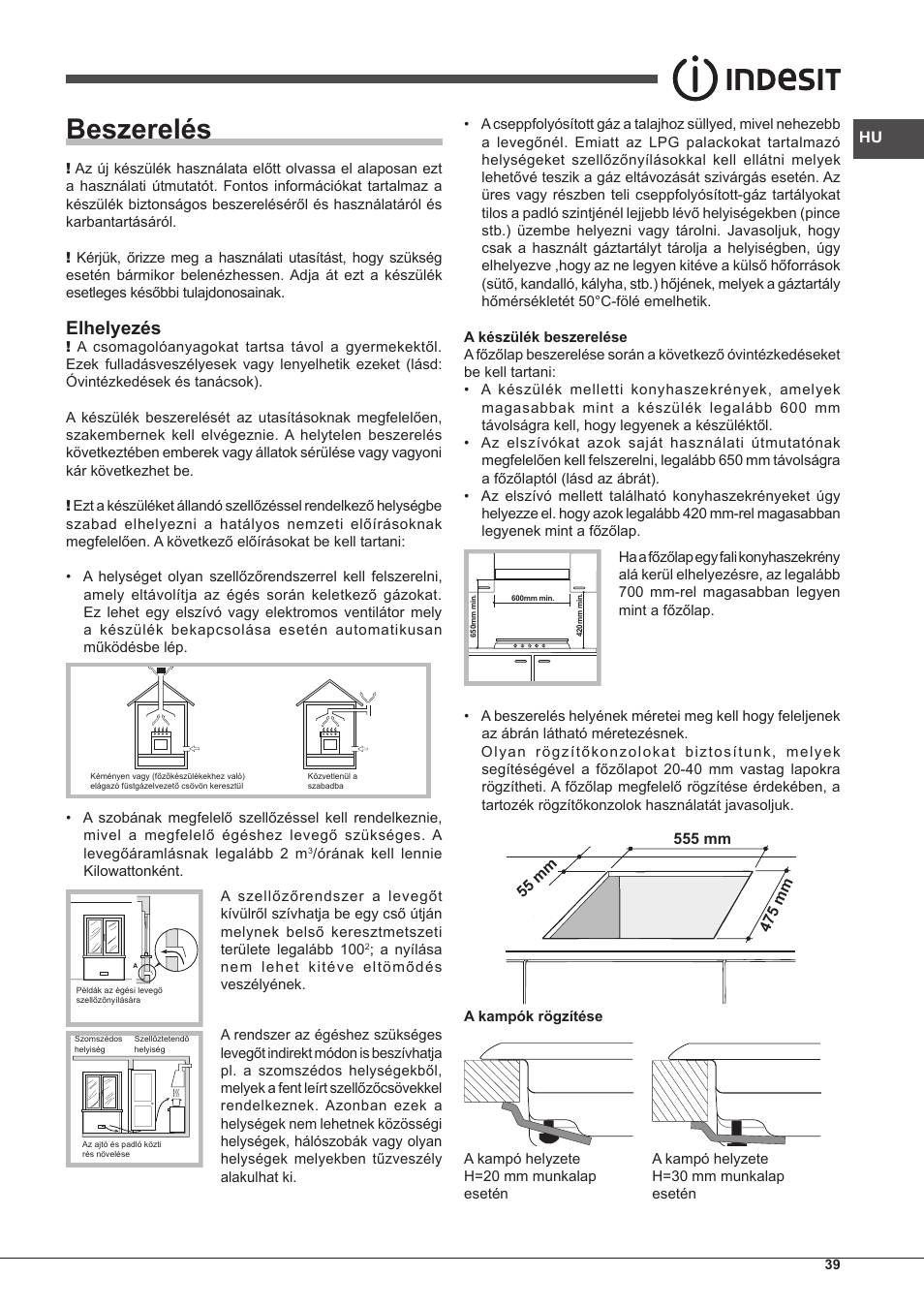 Beszerelés, Elhelyezés | Indesit IPG-640-S-(BK)-(EE) User Manual | Page 39 / 52