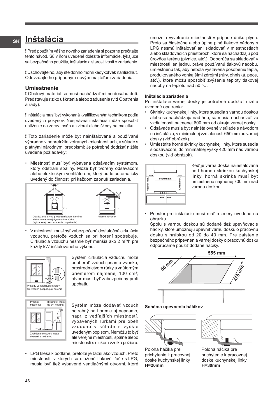 Inštalácia, Umiestnenie | Indesit IPG-640-S-(BK)-(EE) User Manual | Page 46 / 52