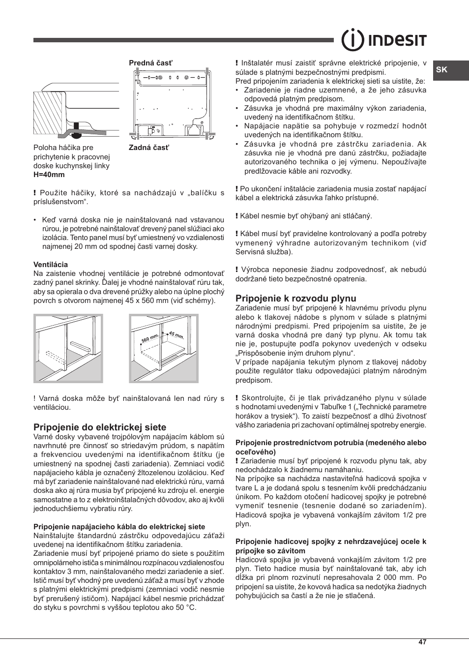 Pripojenie do elektrickej siete, Pripojenie k rozvodu plynu | Indesit IPG-640-S-(BK)-(EE) User Manual | Page 47 / 52