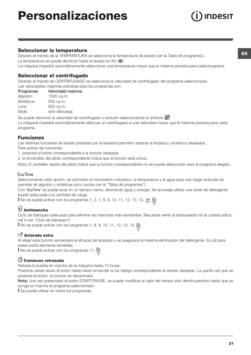 Personalizaciones | Indesit IWC-6105-(EU) User Manual | Page 21 / 72