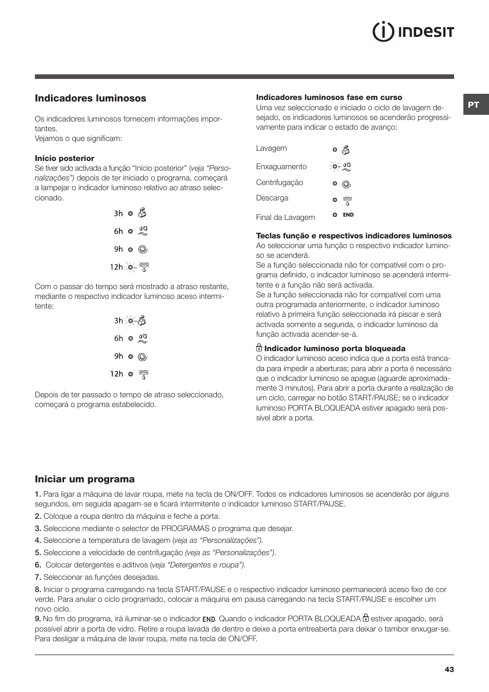 Indicadores luminosos, Iniciar um programa | Indesit IWC-6105-(EU) User Manual | Page 43 / 72