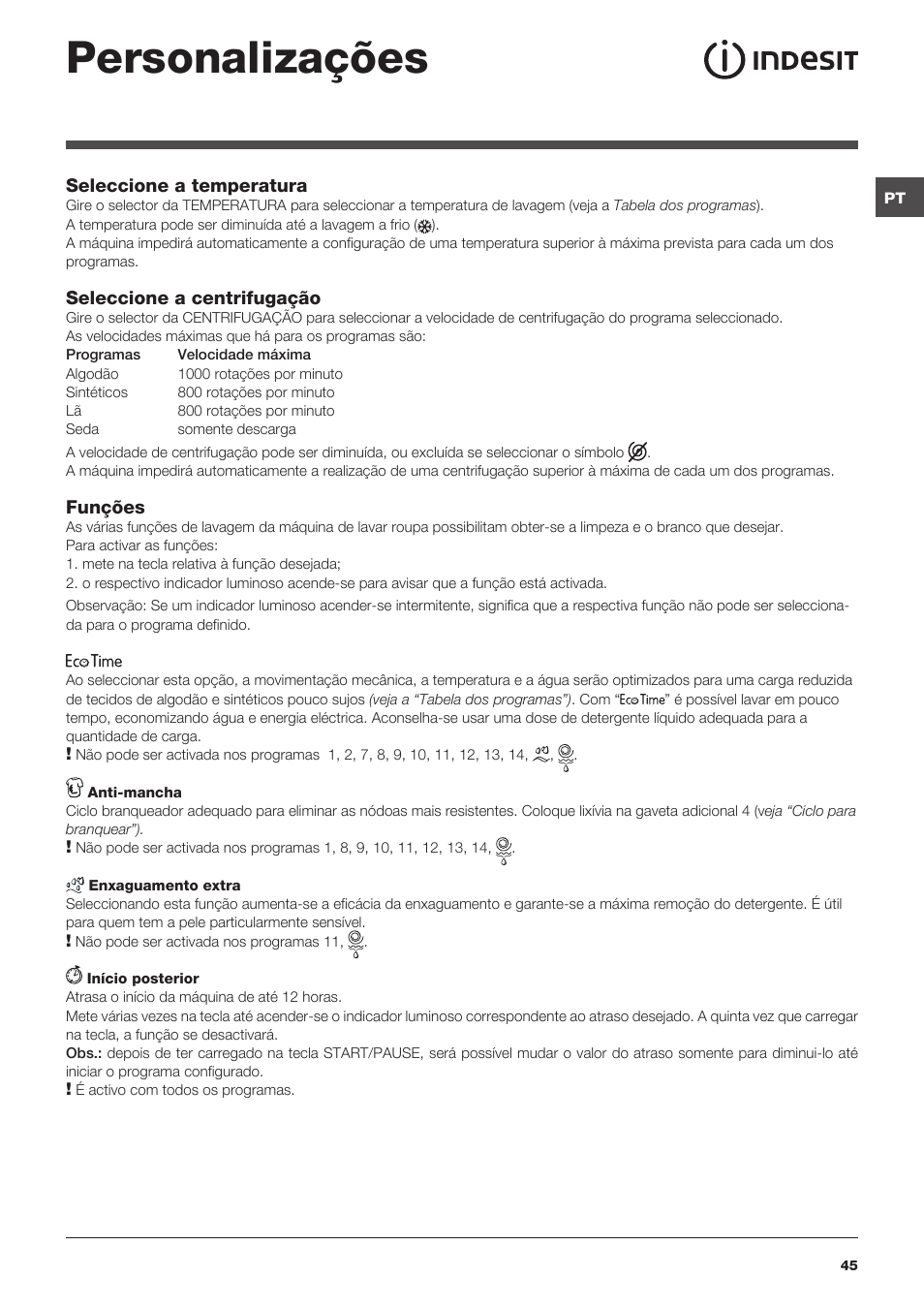 Personalizações | Indesit IWC-6105-(EU) User Manual | Page 45 / 72