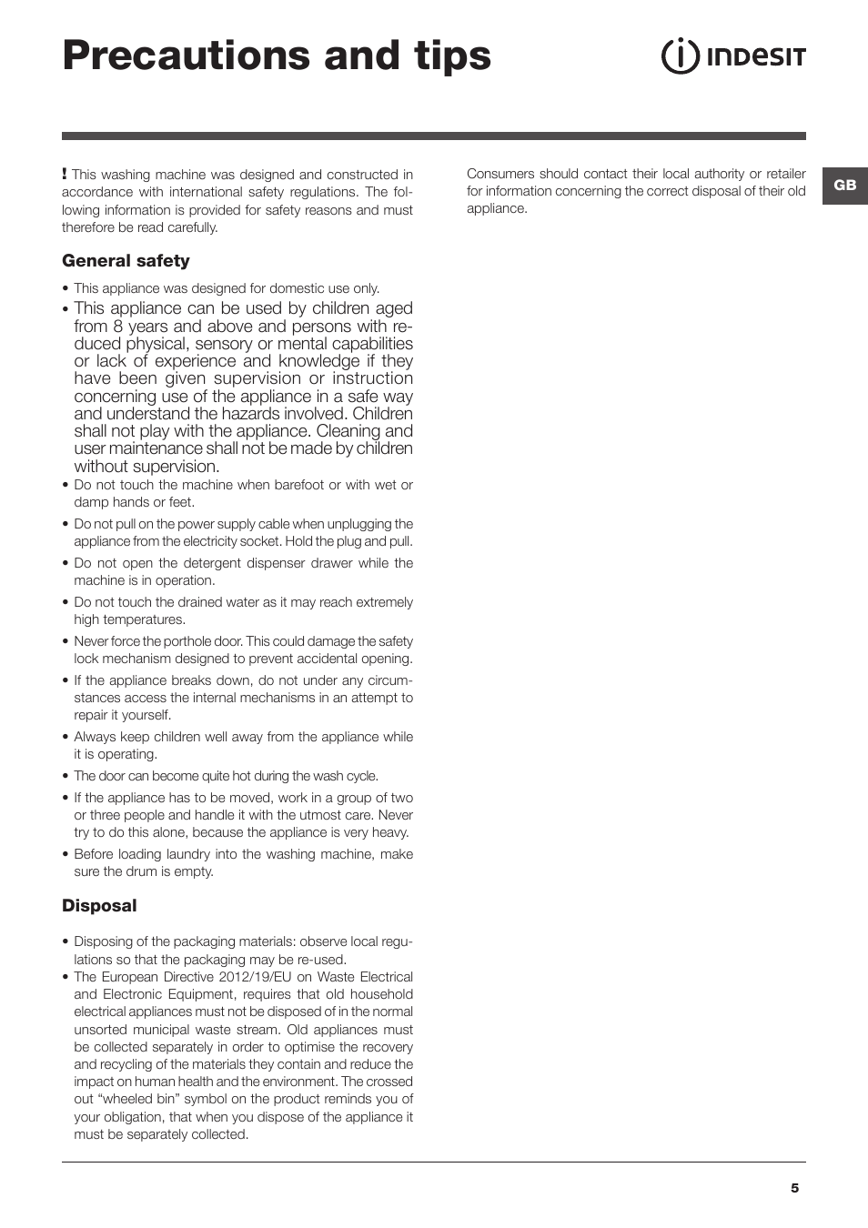 Precautions and tips | Indesit IWC-6105-(EU) User Manual | Page 5 / 72