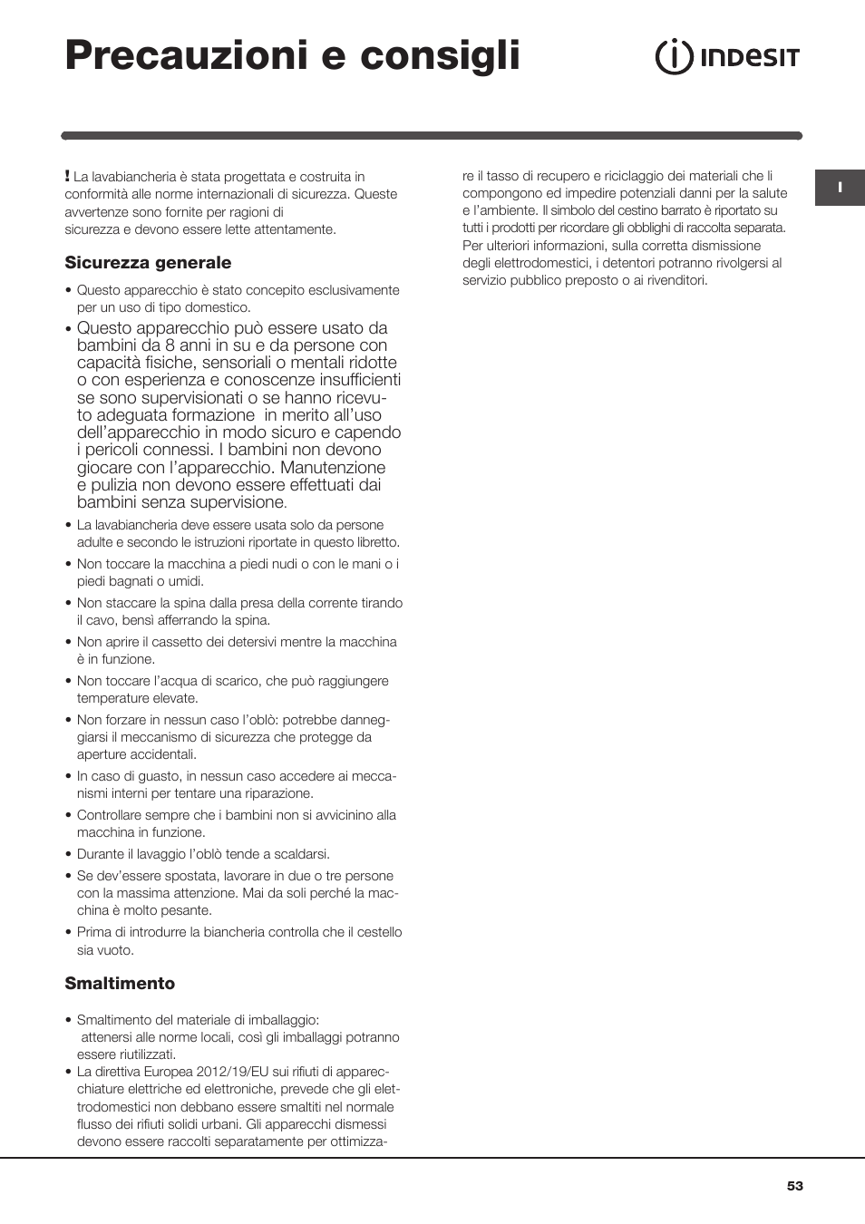 Precauzioni e consigli | Indesit IWC-6105-(EU) User Manual | Page 53 / 72