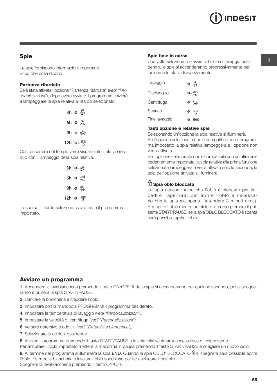 Spie, Avviare un programma | Indesit IWC-6105-(EU) User Manual | Page 55 / 72