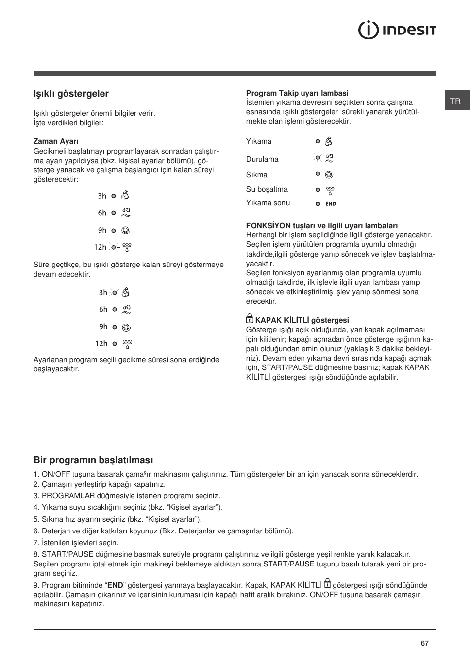 Iþýklý göstergeler, Bir programýn baþlatýlmasý | Indesit IWC-6105-(EU) User Manual | Page 67 / 72