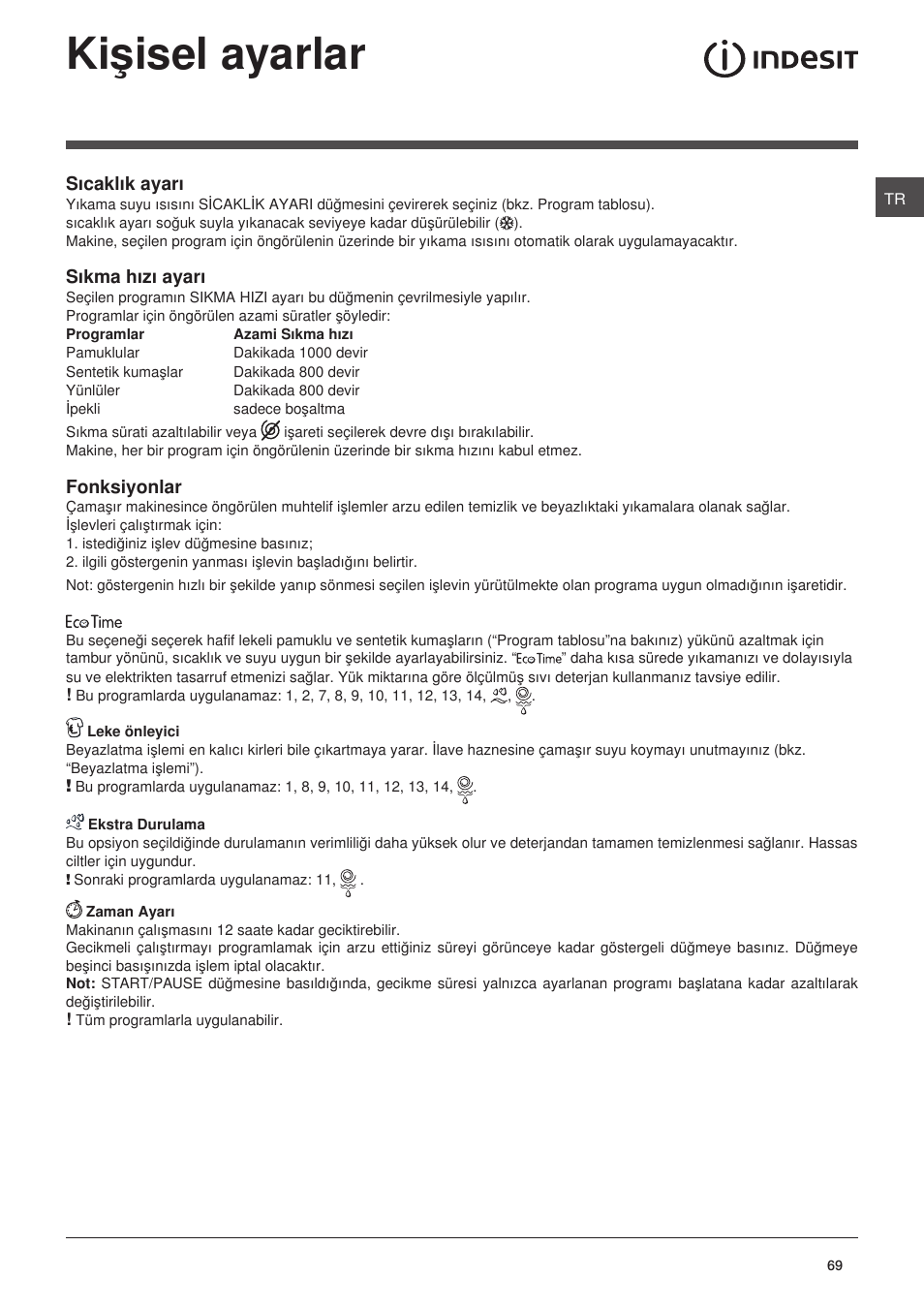 Kiþisel ayarlar | Indesit IWC-6105-(EU) User Manual | Page 69 / 72