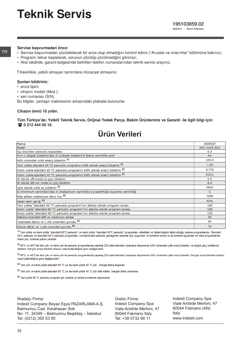 Teknik servis, Ürün verileri | Indesit IWC-6105-(EU) User Manual | Page 72 / 72