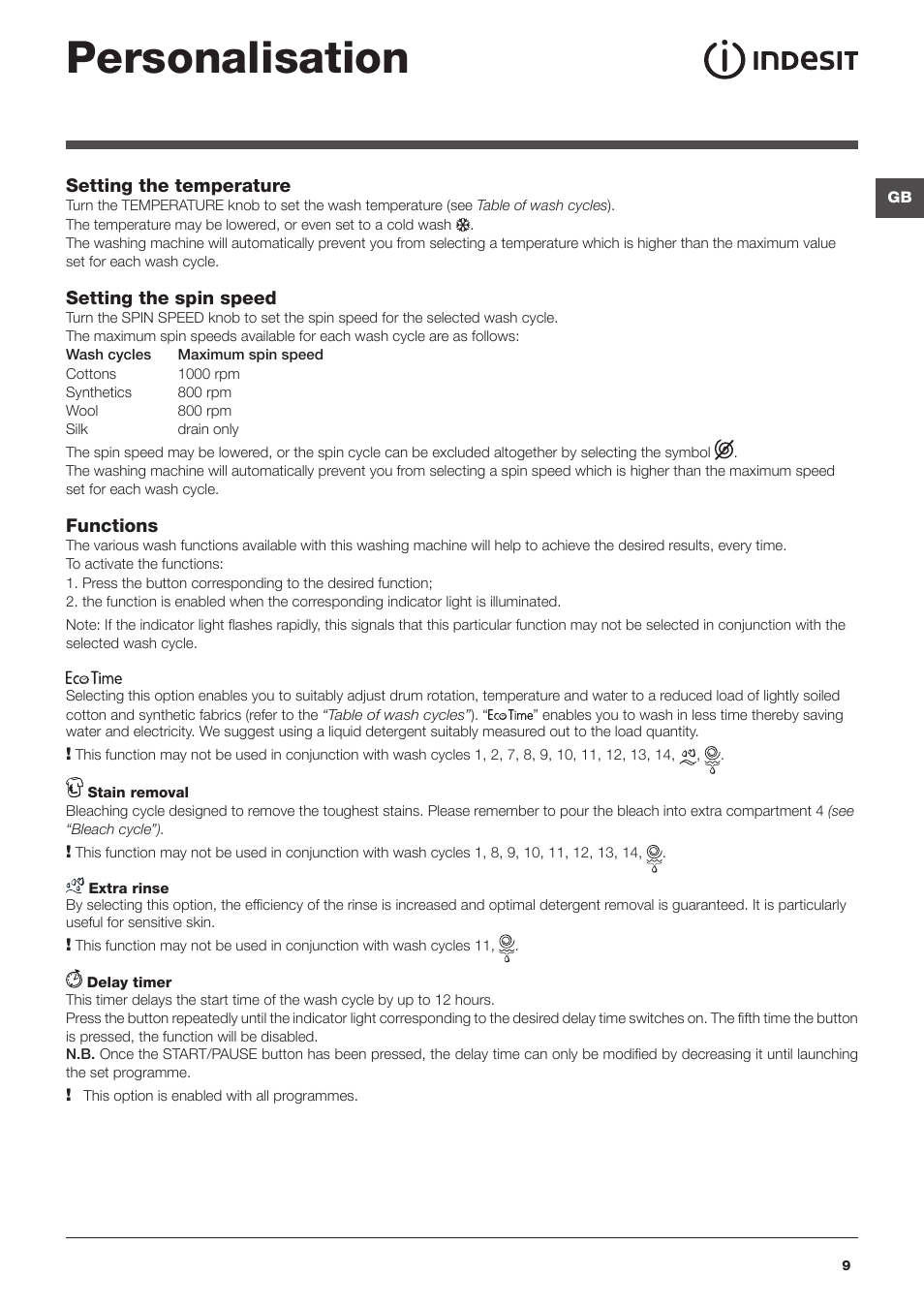 Personalisation | Indesit IWC-6105-(EU) User Manual | Page 9 / 72