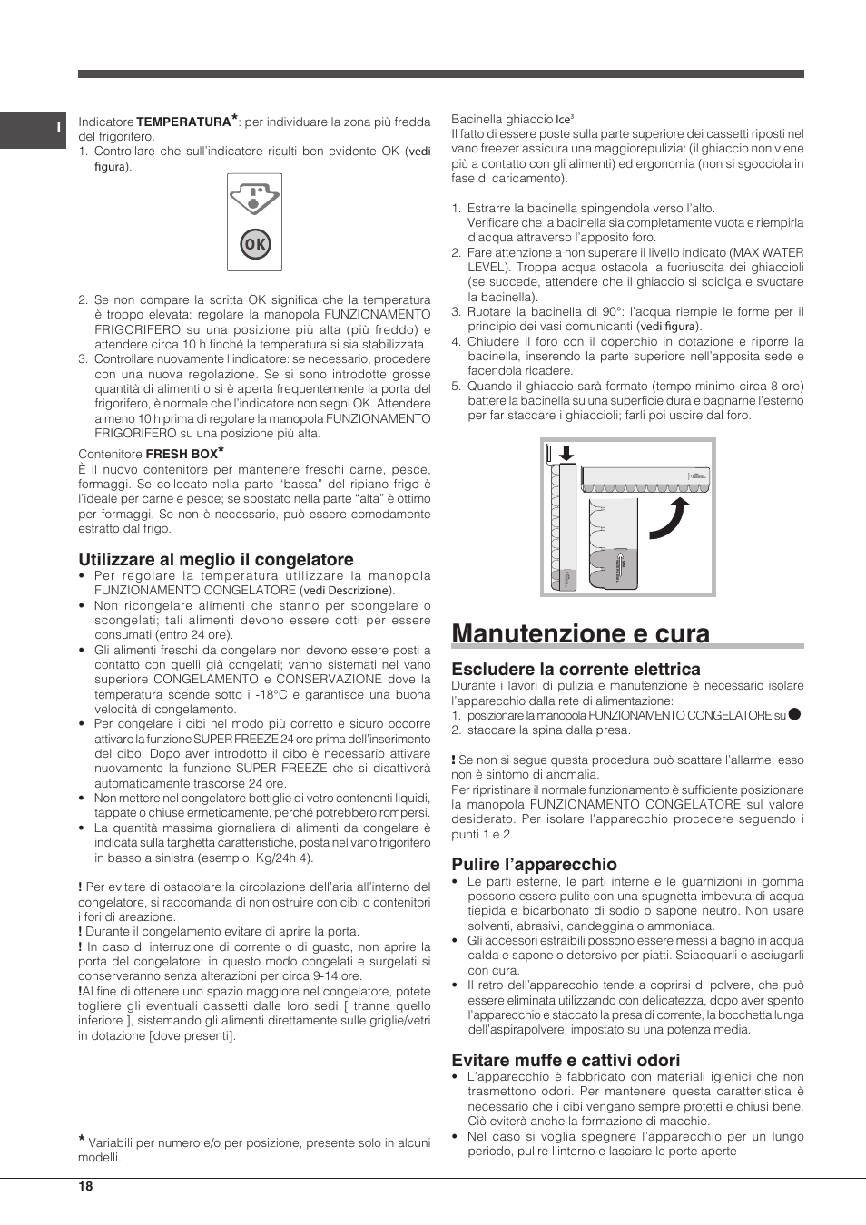 Manutenzione e cura, Utilizzare al meglio il congelatore, Escludere la corrente elettrica | Pulire l’apparecchio, Evitare muffe e cattivi odori | Indesit BIAA-33-F-X-H User Manual | Page 18 / 52