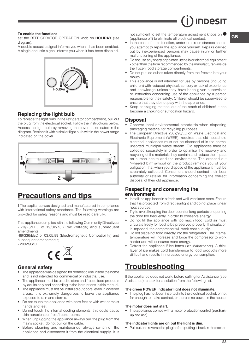 Precautions and tips, Troubleshooting, Replacing the light bulb | General safety, Disposal, Respecting and conserving the environment | Indesit BIAA-33-F-X-H User Manual | Page 23 / 52