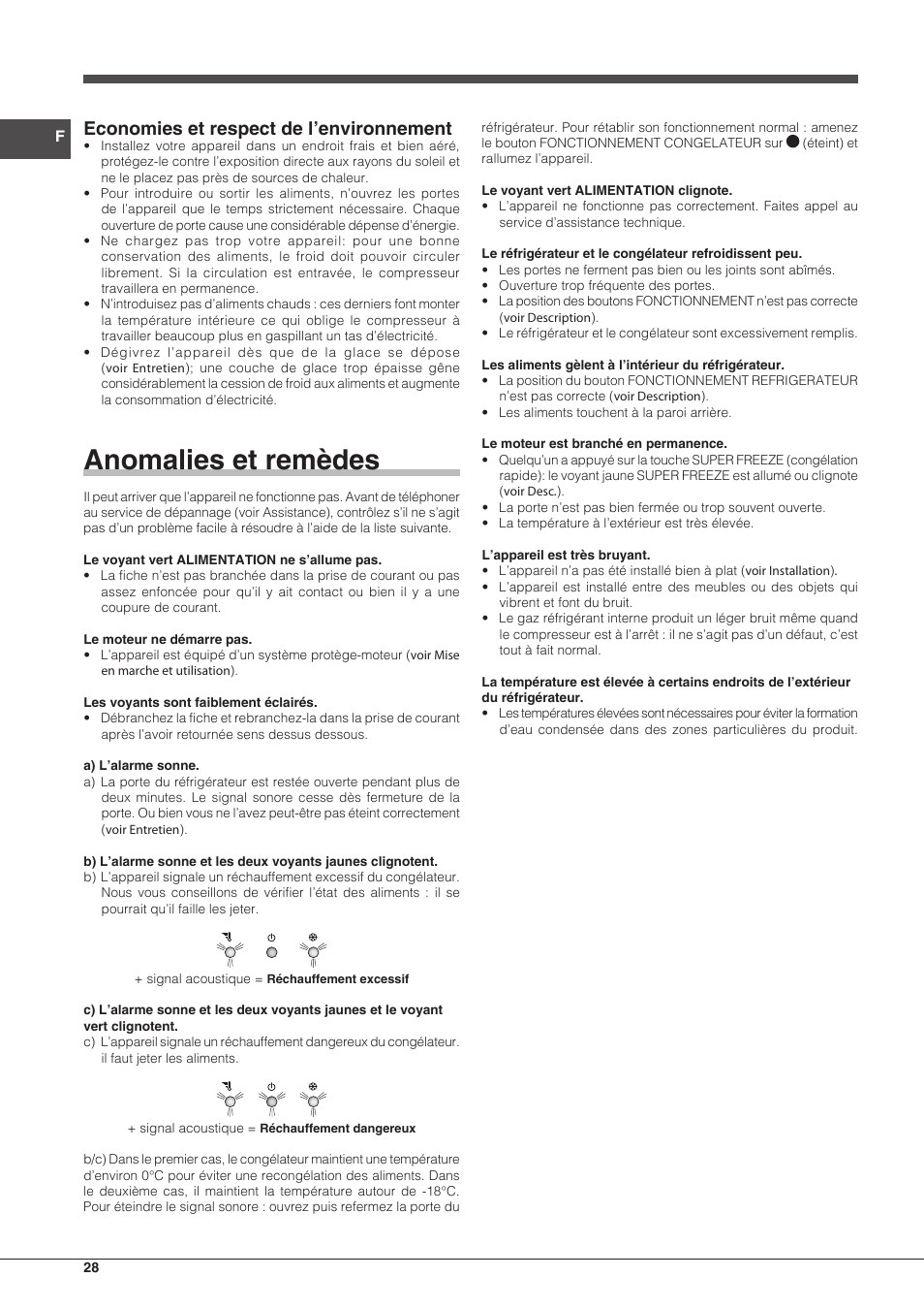 Anomalies et remèdes, Economies et respect de l’environnement | Indesit BIAA-33-F-X-H User Manual | Page 28 / 52