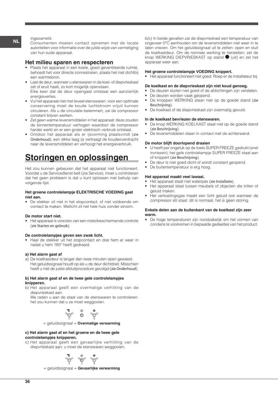 Storingen en oplossingen, Het milieu sparen en respecteren | Indesit BIAA-33-F-X-H User Manual | Page 36 / 52