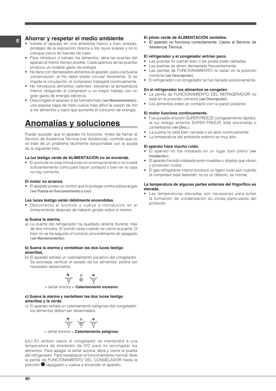 Anomalías y soluciones, Ahorrar y respetar el medio ambiente | Indesit BIAA-33-F-X-H User Manual | Page 40 / 52
