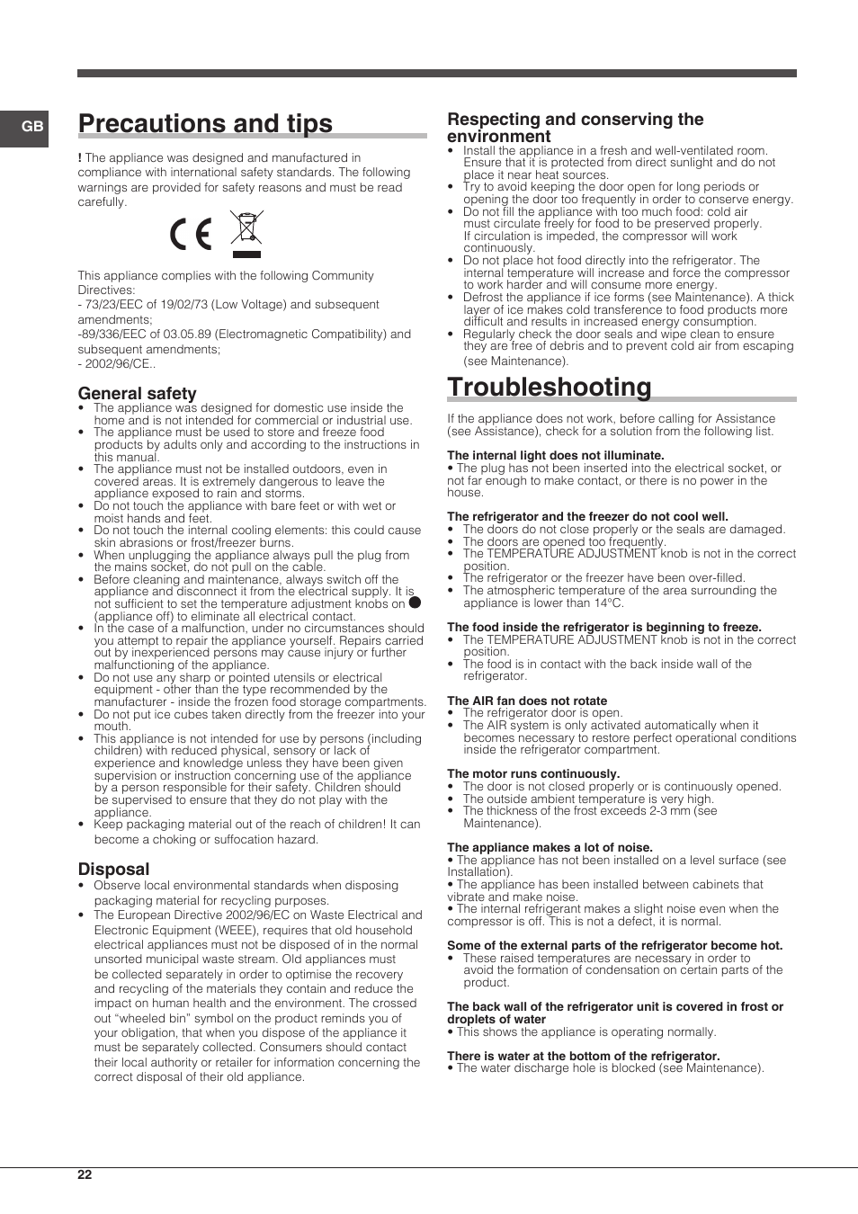 Troubleshooting, Precautions and tips, Respecting and conserving the environment | General safety, Disposal | Indesit BIAA-13-X User Manual | Page 22 / 68