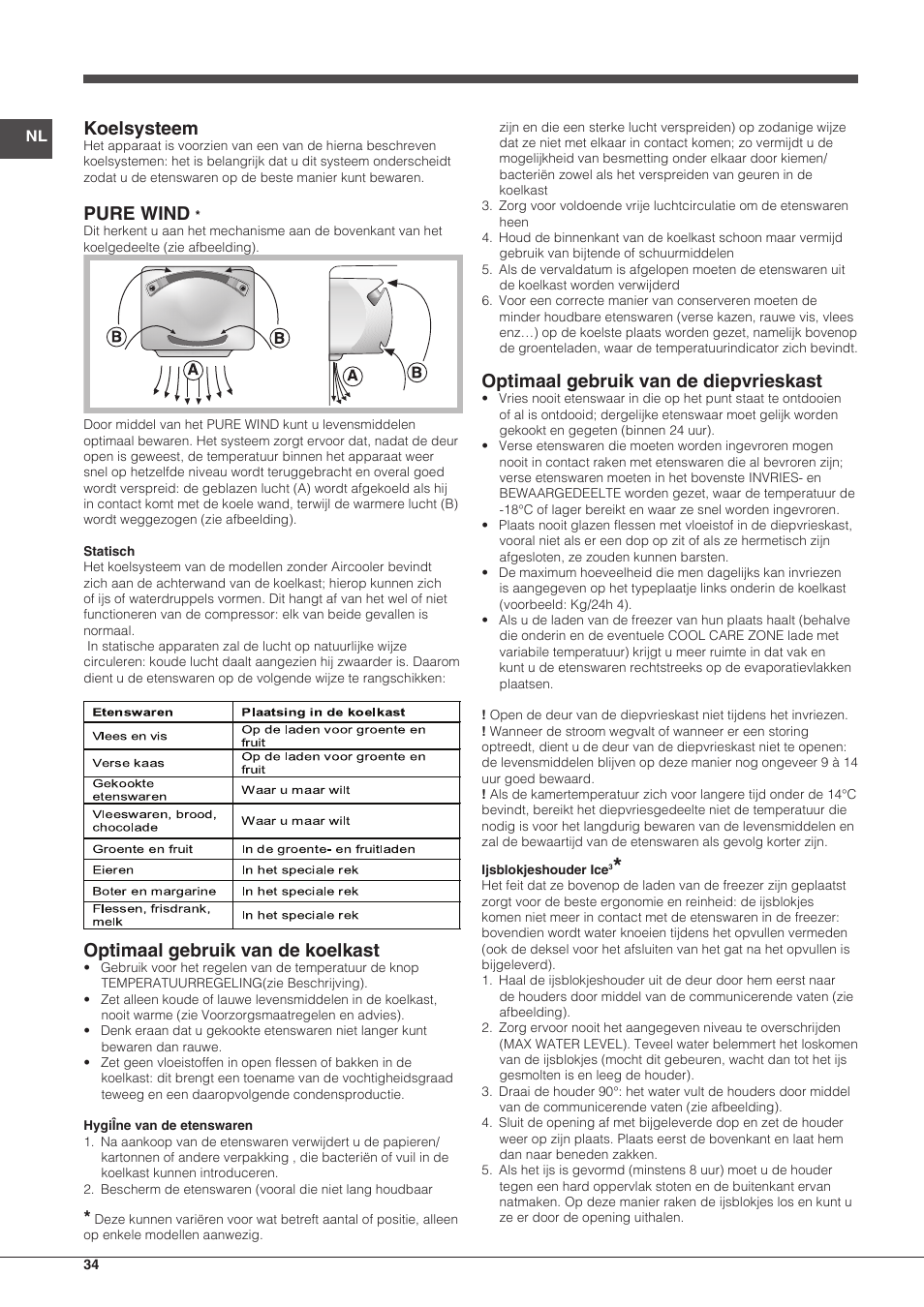 Koelsysteem, Pure wind, Optimaal gebruik van de koelkast | Optimaal gebruik van de diepvrieskast | Indesit BIAA-13-X User Manual | Page 34 / 68