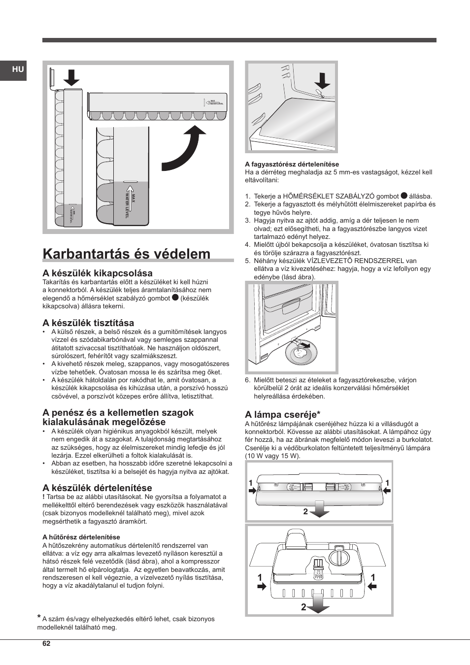 Karbantartás és védelem, A készülék kikapcsolása, A készülék tisztítása | A készülék dértelenítése, A lámpa cseréje | Indesit BIAA-13-X User Manual | Page 62 / 68