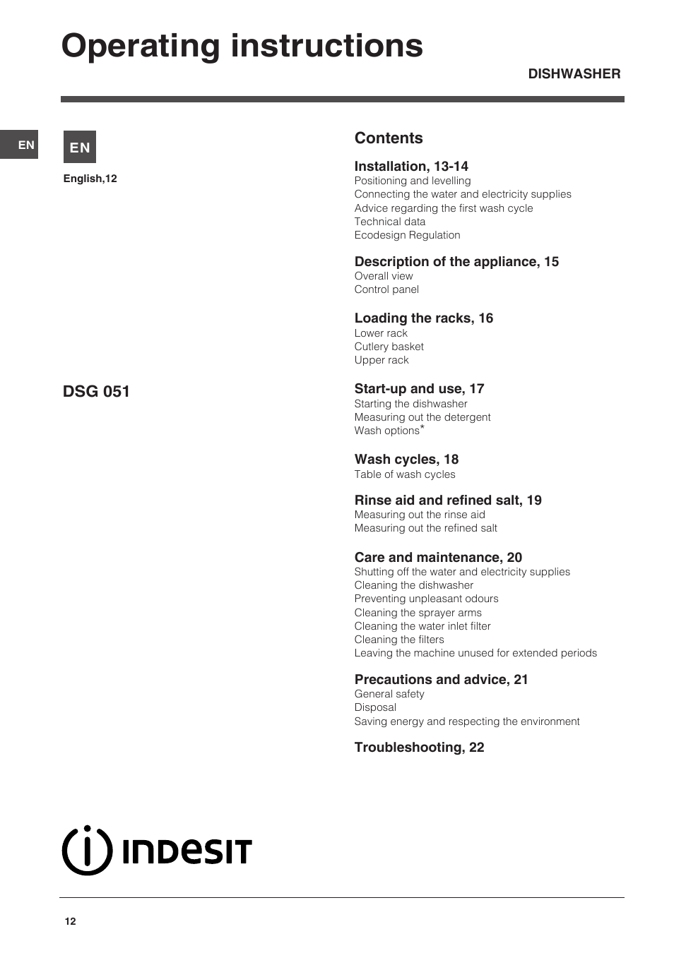 Indesit DSG-051-NX-EU User Manual | Page 12 / 56
