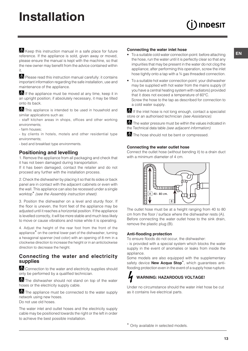 Installation, Positioning and levelling, Connecting the water and electricity supplies | Indesit DSG-051-NX-EU User Manual | Page 13 / 56