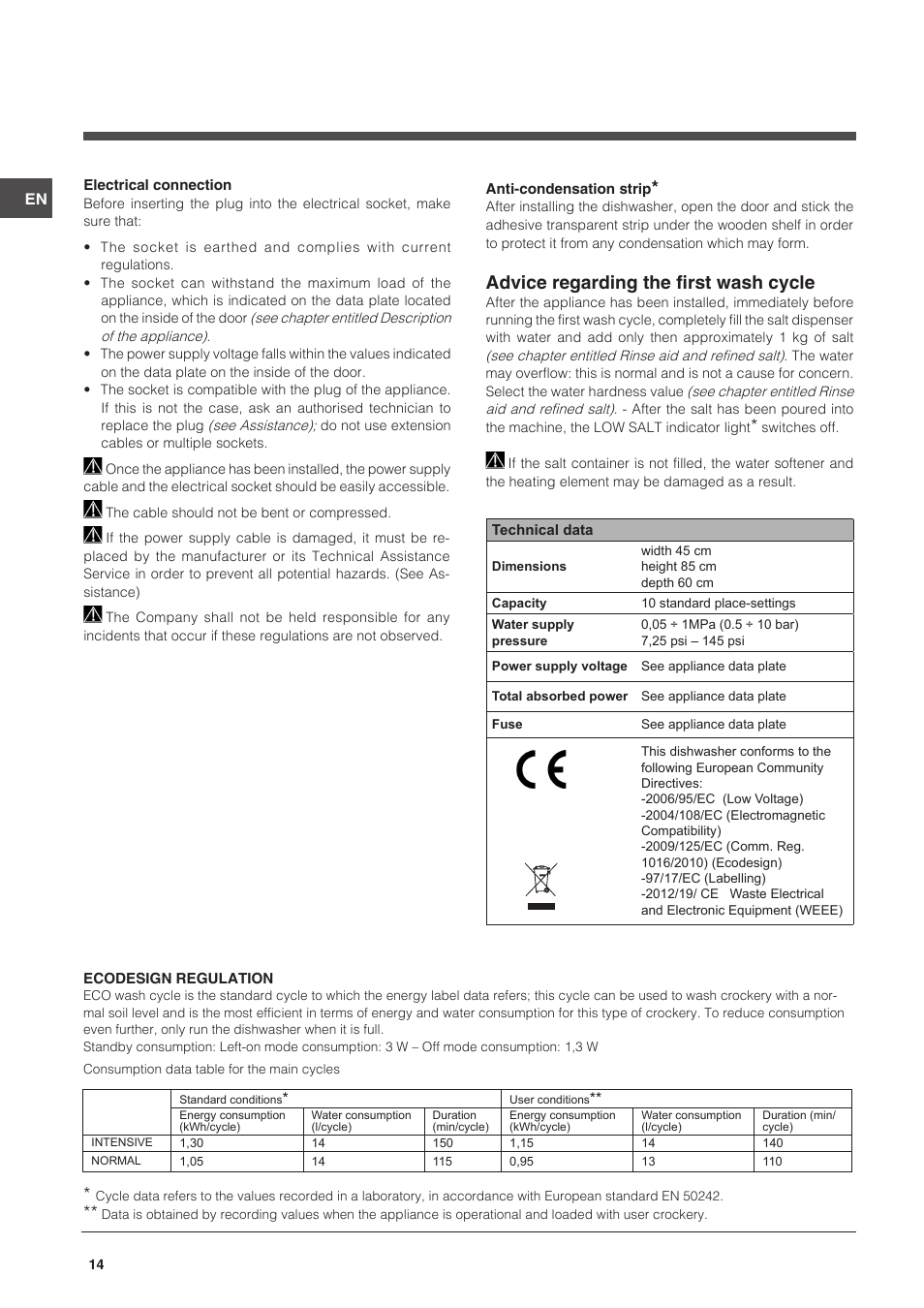 Advice regarding the first wash cycle | Indesit DSG-051-NX-EU User Manual | Page 14 / 56