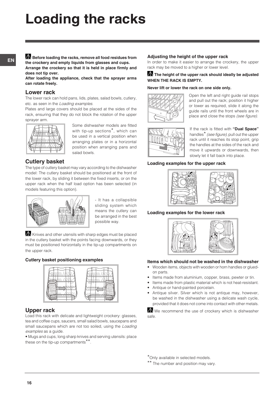 Loading the racks, Lower rack, Cutlery basket | Upper rack | Indesit DSG-051-NX-EU User Manual | Page 16 / 56