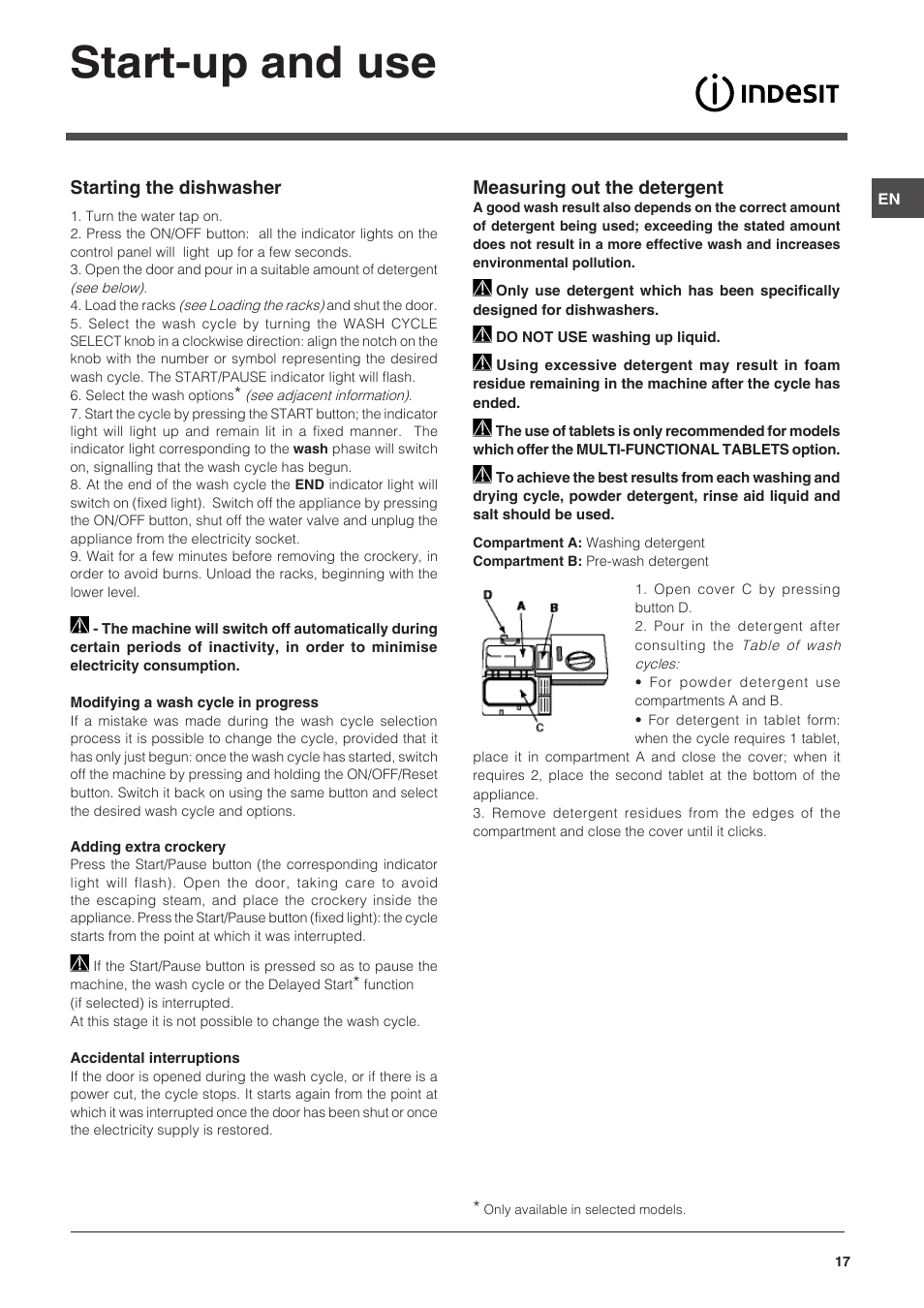 Start-up and use | Indesit DSG-051-NX-EU User Manual | Page 17 / 56