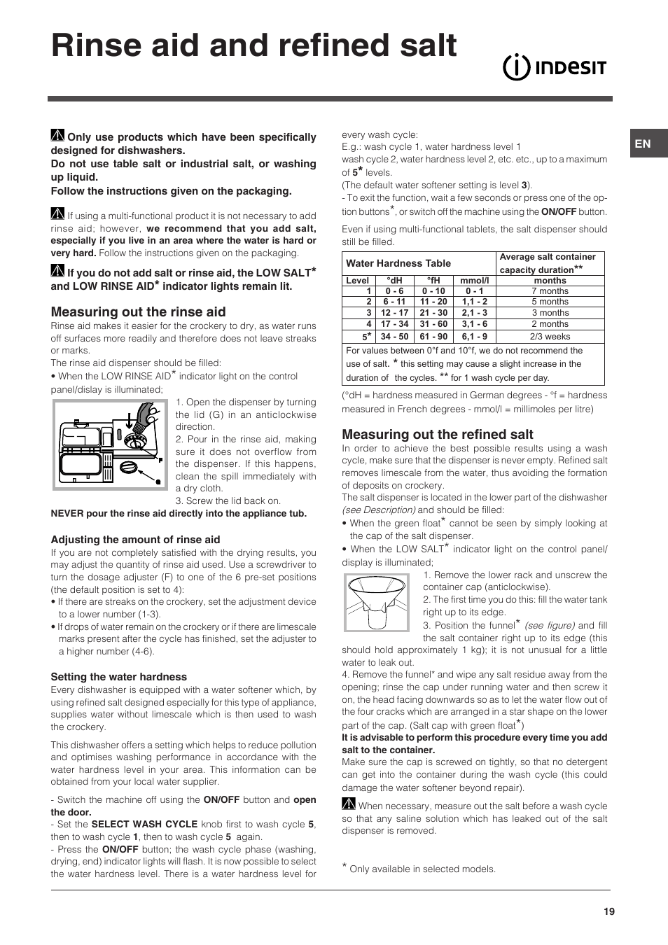 Rinse aid and refined salt, Measuring out the rinse aid, Measuring out the refined salt | Indesit DSG-051-NX-EU User Manual | Page 19 / 56