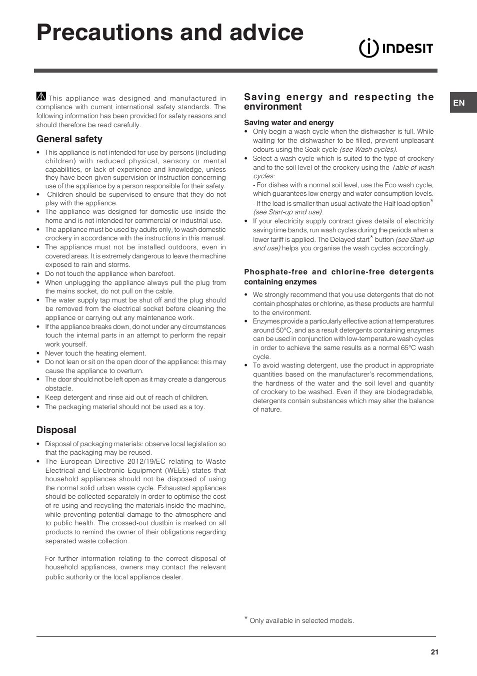 Precautions and advice, General safety, Disposal | Saving energy and respecting the environment | Indesit DSG-051-NX-EU User Manual | Page 21 / 56