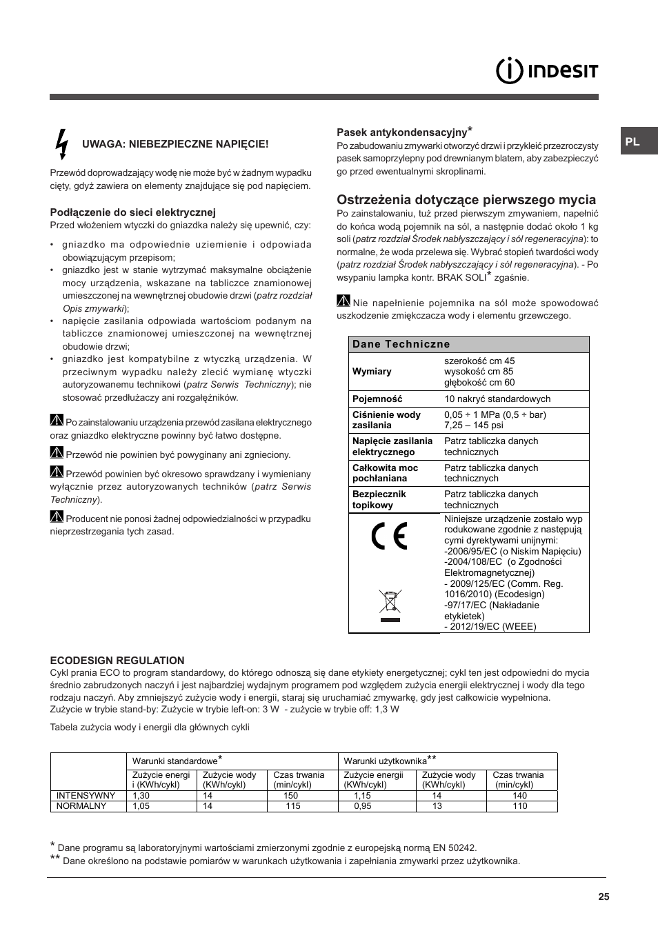 Ostrzeżenia dotyczące pierwszego mycia | Indesit DSG-051-NX-EU User Manual | Page 25 / 56
